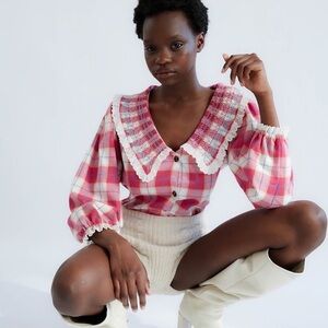 TACH Pink Plaid Ruffle Button Down Shirt Top Blouse